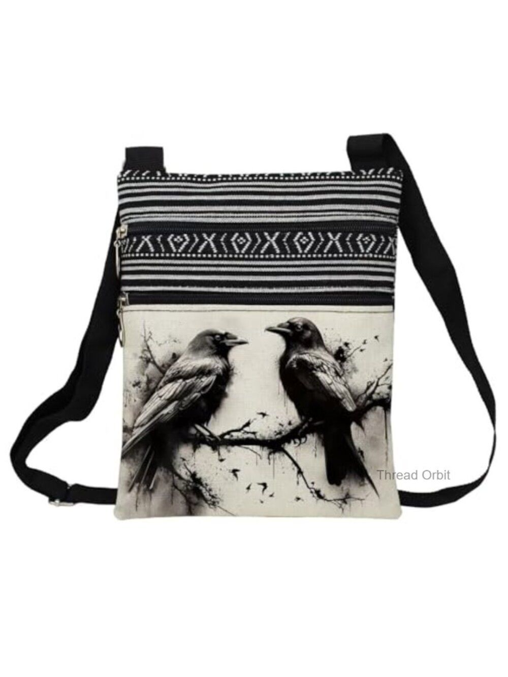 Ink Crow Printed Ethnic Crossbody Bag Polyester Adjustable Strap